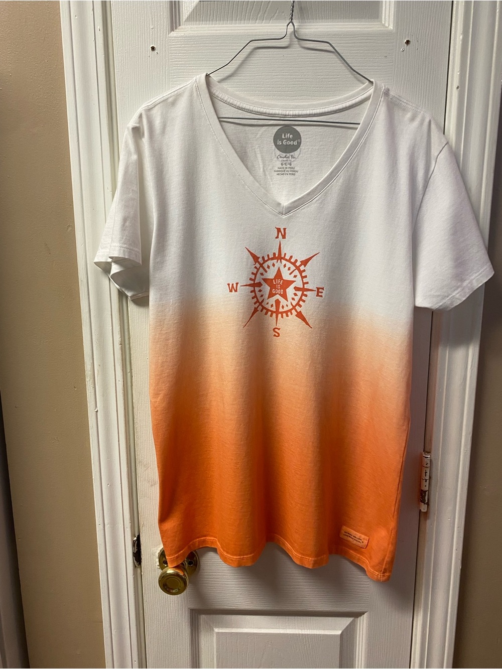 Life Is Good White to Orange Ombre Compass V-Neck Tee
